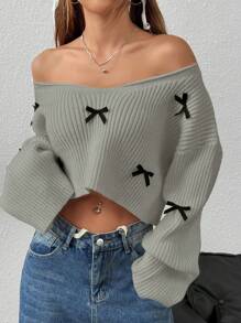 Flirla V-Neck Loose Casual 3D Bow Knitted Sweater Fall Winter - Grey - View 5