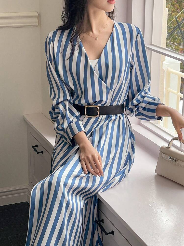 Unique V-Neck Striped Elastic Waist Long Dress For Women, Elegant Blue Striped Shirt Dress,Fall Dress Long Sleeve Dress Maxi Dress