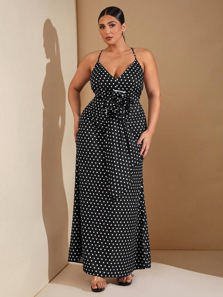 SHEIN BAE Plus Size Dresses,Black And White Polka Dot Dress,Summer 70's Elegant Party 3D Flower V-Neck Cami Dress,Bowknot Birthday Outfits,Vacation Formal Dress - Black - View 1