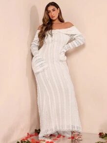 SHEIN BAE 女式加大码优雅蕾丝露肩喇叭袖美人鱼连衣裙 - 白色 - 查看 5