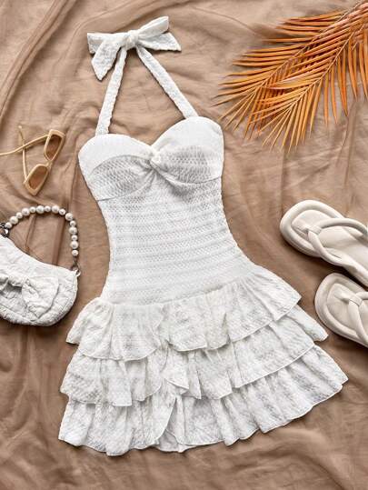 SHEIN Tween Girl Vacation Mini Dress With Elastic Ruched Bust, Tie Neck, Bowknot, And Tiered Ruched, Can Wear Inner Or Outer,Summer Dresses ,Solid White Dress