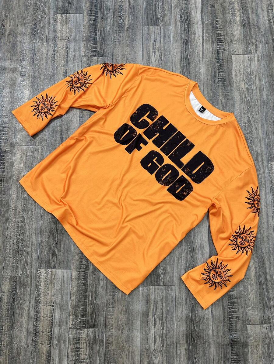 Manfinity VCAY Plus Size Men's Loose Fit Streetwear Sun & Letter Print Crew Neck Long Sleeve T-Shirt - Orange - View 1