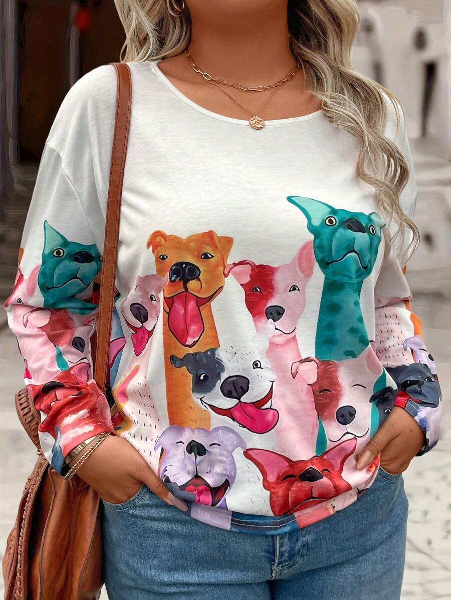 SHEIN Plus Size Women's Puppy Graphic Knit Casual Cute Long Sleeve Top - White - View 1