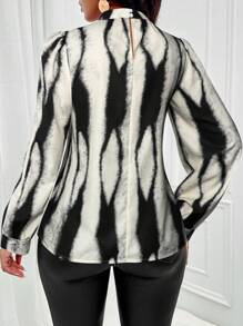 SOLERSUN Women Autumn Batik Print Bubble Long Sleeve Elegant Blouse (Print Design Random)
