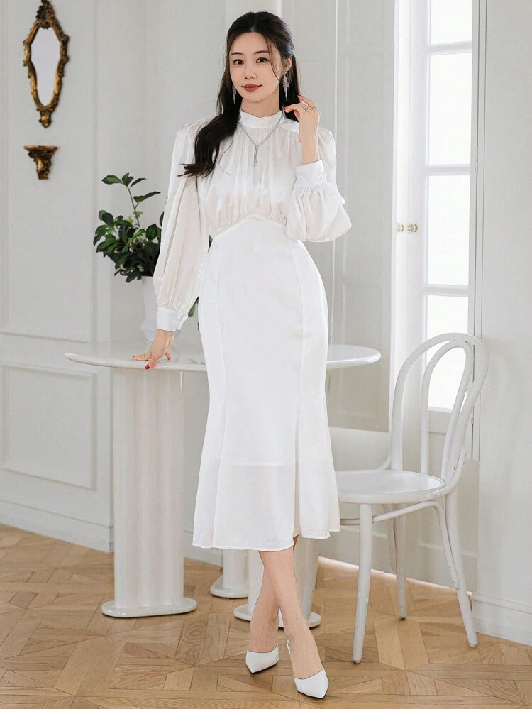 Women's Spring/Fall Silky Stand Collar Fishtail Midi Dress, Elegant For Valentine's Day Long Sleeve Dress