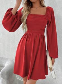 SHEIN LUNE 女士纯色方领褶饰灯笼袖休闲连衣裙 - 紅色 - 查看 7