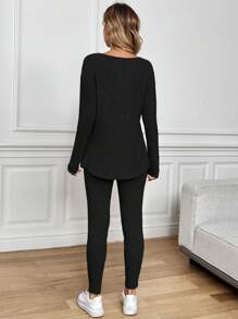 SHEIN LUNE 2pcs/Set Women Plush Rib-Knit Long Sleeve T-Shirt And Leggings Suit, Autumn/Winter - Black - View 2