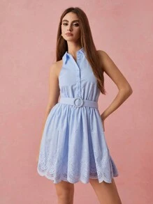 Enchnt Abito estivo/invernale romantico da donna, con ricamo floreale, senza maniche, colore azzurro pallido, con cintura. Elegante e dolce per San Valentino, vacanze, uscite romantiche e uso quotidiano.