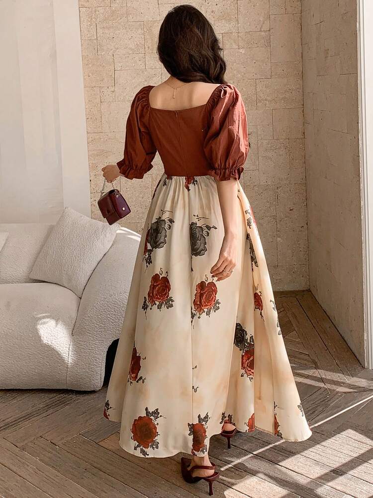 Patchwork Puff Sleeve Floral Midi Dress For Women,Fall Clothes
