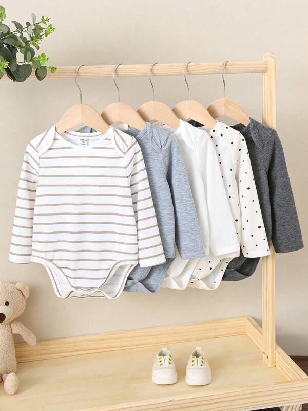 5pcs/Set Newborn Baby Boy/Girl Soft Knit Polka Dot & Stripe Pattern Lap Shoulder Long Sleeve Bodysuits, Multi-Color, All Season