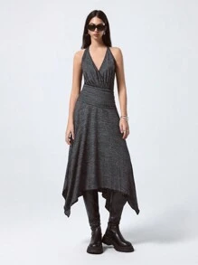 LYSMO 女士天鹅绒不对称中长连衣裙、连衣裙、派对服装 - 深灰色 - 查看 4