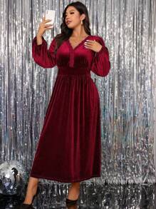 SHEIN Clasi Plus Size Women Valentine's Day Velvet Patchwork Ruffle Hem Regular Fit Elegant Long Sleeve Red Dress, Autumn/Winter