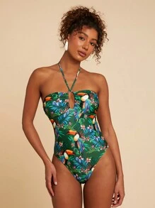 Travachic Traje de baño de una pieza estilo halter con estampado tropical para vacaciones y playa