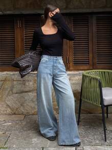 DAZY Women's Straight Leg Jeans With Frayed Hem, Casual & Fashionable For Daily Wear