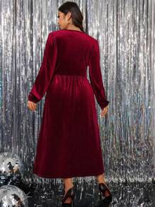 SHEIN Clasi Plus Size Women Valentine's Day Velvet Patchwork Ruffle Hem Regular Fit Elegant Long Sleeve Red Dress, Autumn/Winter