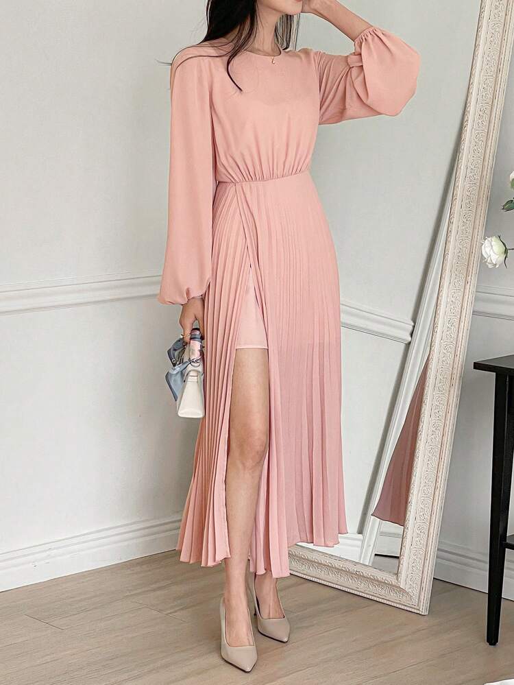 French Elegant Side Slit Waist Cinching Flowing Chiffon Dress For Women, Fall Dress Long Sleeve Dress