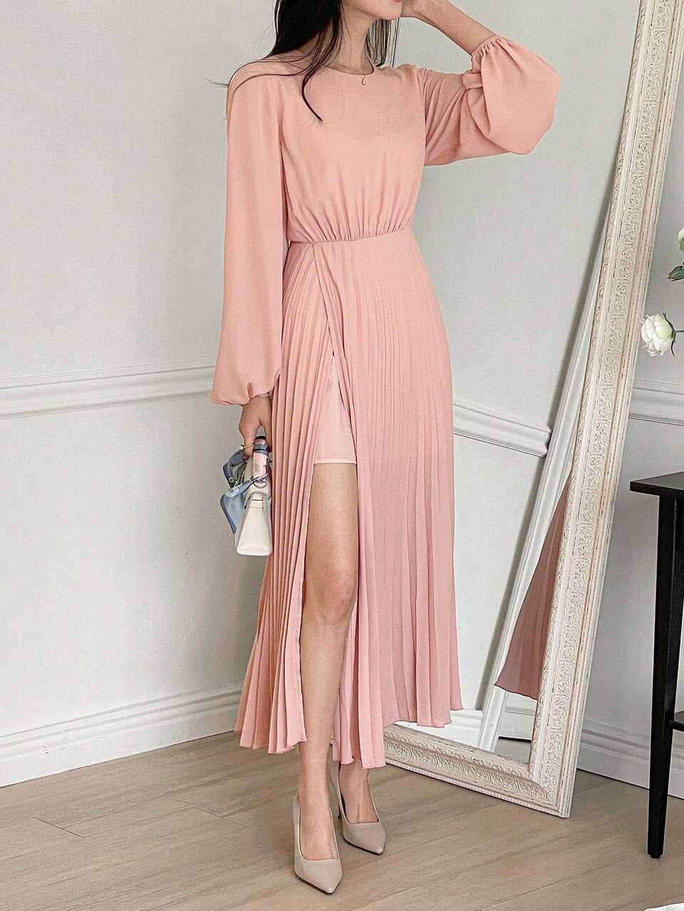 French Elegant Side Slit Waist Cinching Flowing Chiffon Dress For Women, Fall Dress Long Sleeve Dress