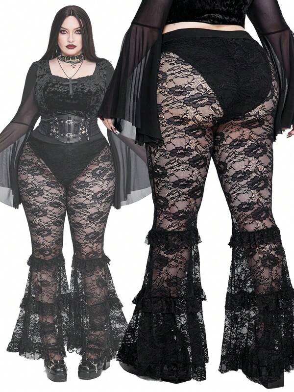 Whyspr Goth Punk Dark Street Style Lace Flared Pants, Minimalist Fashion Casual Everyday Wear