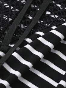 FRIFUL Women Loose Fit V-Neck Lace Patchwork Tie-Waist Striped T-Shirt Long Sleeve