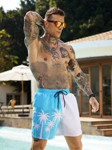 Surfspeed 男士拼色棕榈树印花沙滩短裤 - 藍色 - 查看 3