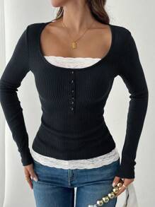 Pariaura Women Contrast Lace Velour Ribbed Round Neck 2 In 1 T-Shirt, Autumn/Winter Fall Cloth For Women - Dark Grey - View 5