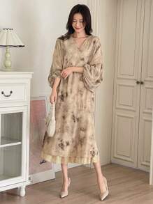 DAZY Váy cổ chữ V rộng rãi thanh lịch dành cho nữ, mang phong cách thẩm mỹ Trung Hoa, váy nữ thường ngày, váy thu tay dài - Màu Khaki - Xem 6