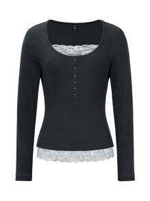 Pariaura Women Contrast Lace Velour Ribbed Round Neck 2 In 1 T-Shirt, Autumn/Winter Fall Cloth For Women - Dark Grey - View 6