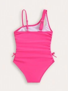SHEIN Traje de baño de una sola pieza con cordón de color liso para niña, nuevo estilo de moda - Rosa Fucsia - Ver 2