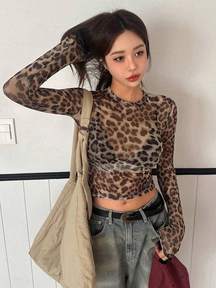 DAZY セクシーな女性用メッシュレオパード柄長袖Tシャツ