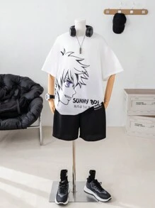 SHEIN 青少年男孩休閒印花圓領T恤和針織短褲套裝 - 黑色 - 查看 2