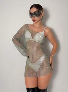 EgrlEra Sexy See-Through Mesh Cutout Open Shoulder Dress, Suitable For Bar Parties - Grey - View 5