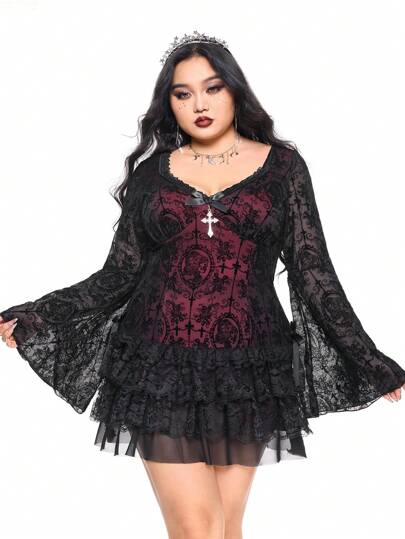 Robe grande taille style rétro grunge punk avec nœud en dentelle floconné et manches évasées, pour le Nouvel An