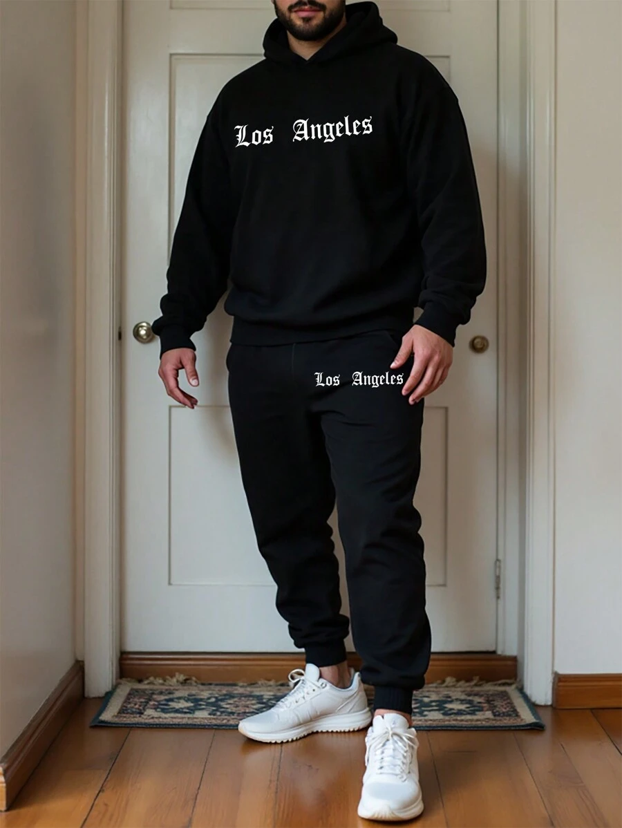 Manfinity LEGND Plus Size Men's Letter Print Hooded Sweatshirt And Sweatpants Set, Casual For Autumn/Winter - Black - View 1