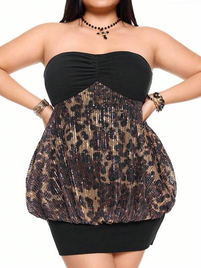 Kawaii Vestido bohemio con estampado de leopardo y detalles de lentejuelas de contraste en tallas grandes para mujer, para carnaval