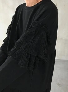 FRIFUL Women's Solid Color Round Neck Ruffle Hem Loose Midi Dress, Elegant,Fall Dress Long Sleeve Dress - Black - View 2