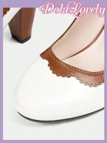 Dola Lovely Women's Pink Round Toe High Heel Mary Jane Lolita Style Classic Patchwork Pattern Shoes Valentine's Day - Brown - View 3