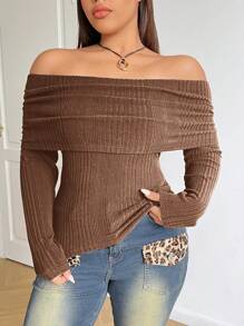 SHEIN EZwear Plus Size Women Coffee Brown Off Shoulder Solid Color T-Shirt - Coffee Brown - View 1