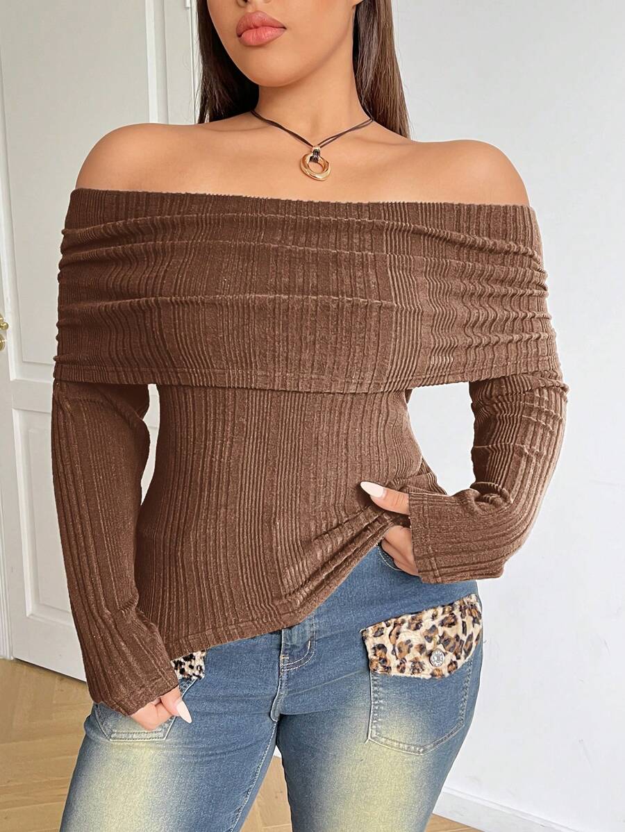SHEIN EZwear Plus Size Women Coffee Brown Off Shoulder Solid Color T-Shirt - Coffee Brown - View 1