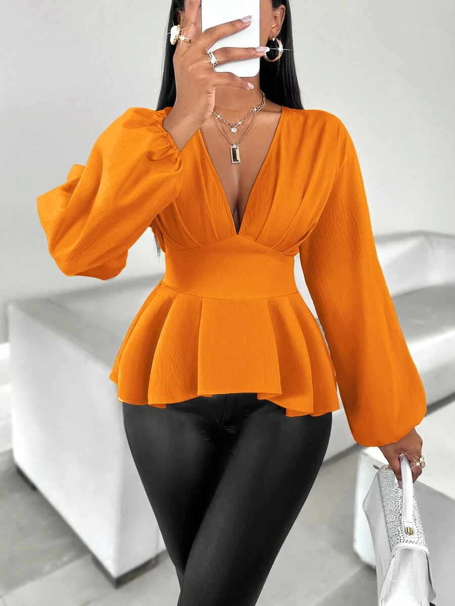 SOLERSUN Bluzka damska z plisowanym falbaniastym dołem i rękawami typu latarnia