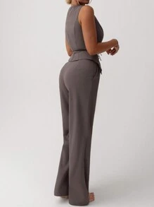 Aloruh 2pcs/Set Elegant Solid Gray Commuting Suit Jacket And Pants, Versatile - Grey - View 6