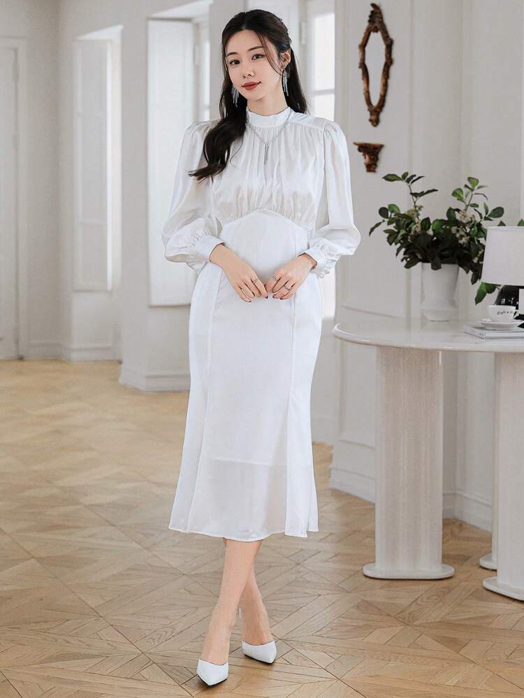 Women's Spring/Fall Silky Stand Collar Fishtail Midi Dress, Elegant For Valentine's Day Long Sleeve Dress