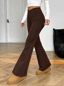 SHEIN EZwear Brown Knitted Thermal Lined Flare Casual Pants For Women