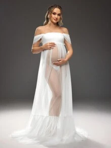 SHEIN Solid Color Off Shoulder See-Through Mesh Maxi Maternity Photoshoot Dress, Baby Shower Dress - White - View 2
