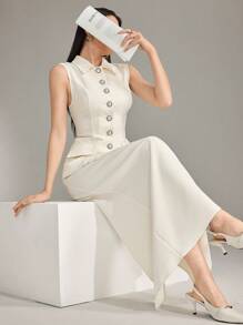 Heiryn 2pcs Women's Sleeveless Solid Color Vest Top And Skirt Set - Apricot - View 4