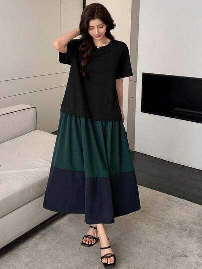 DAZY فستان بياقة مستديرة فضفاض نصف الطول ملون للرب...