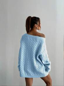 Flirla Pull épais en tricot bleu avec encolure asymétrique, épaules tombantes, style ample et décontracté pour l'hiver et l'automne - Bleu azur - Voir 2