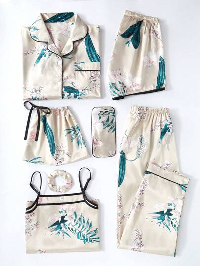 7pcs Floral Print Satin Pajama Set, Fall Winter Clothes Cozy And Elegant Details
