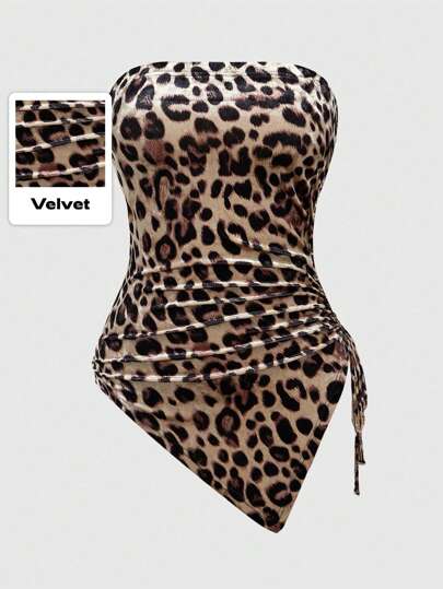 Grunge Punk Top court en velours côtelé avec imprimé léopard et cordon de serrage sur les côtés, pour femmes, style Y2K Gyaru