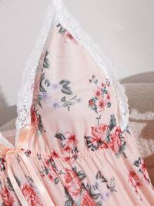 1pc Plus Size Sexy Mesh Printed Lingerie Slip Floral Print Dress