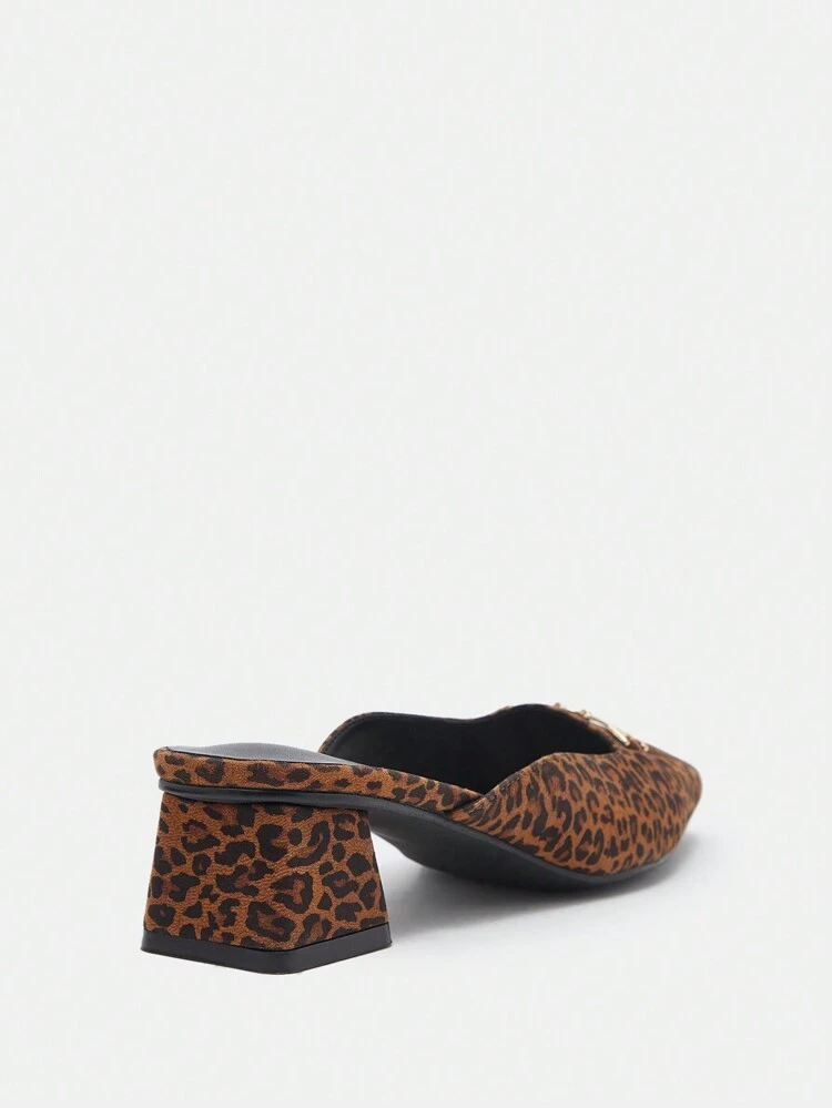 CUCCOO BIZCHIC Women's Square Toe Leopard Print Slip-On Low Heel Casual Mules
